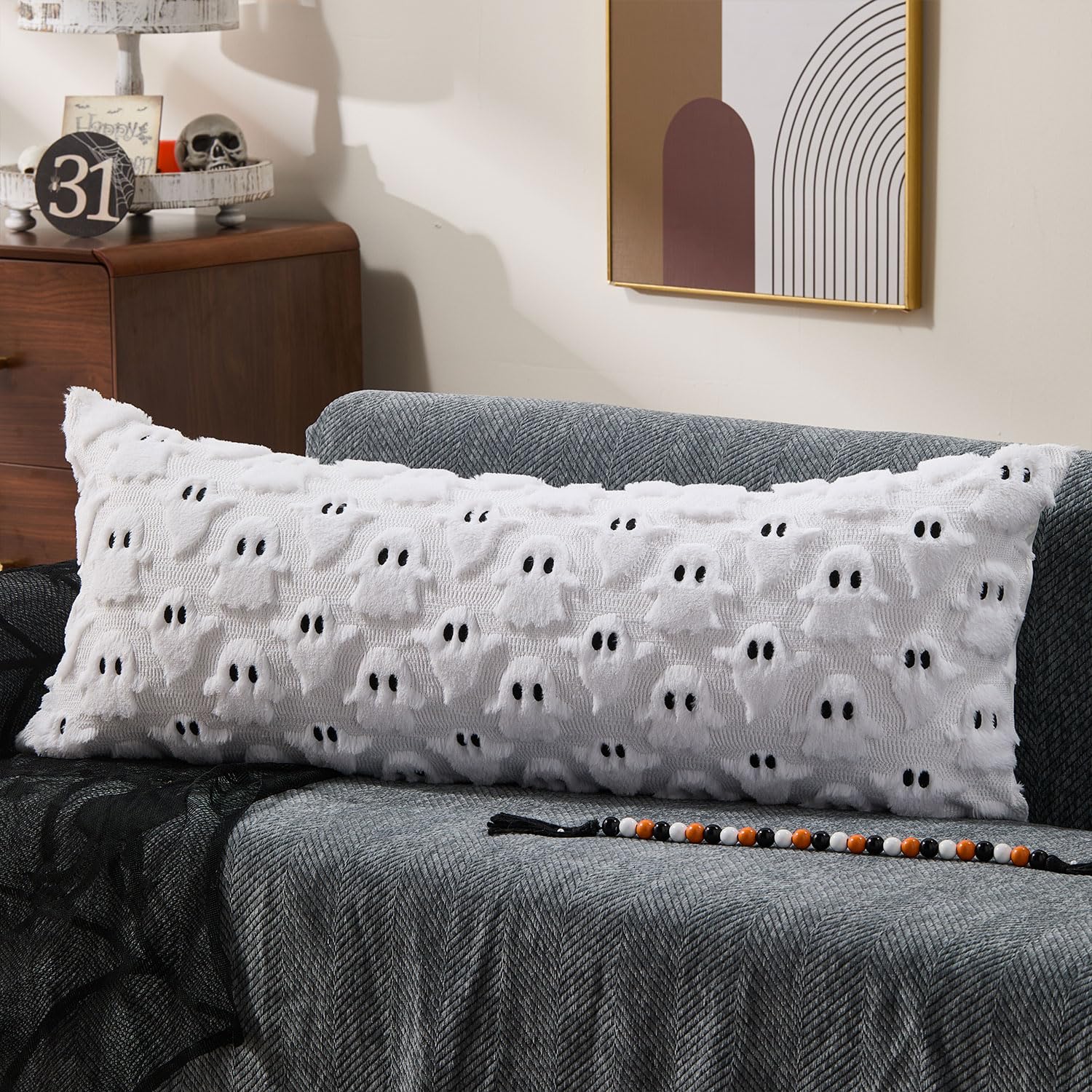 DFXSZ Halloween Pillow Covers 18x18 inch Set of 2 White Ghost Throw Pillow Cases Soft Plush Faux Fur Wool Couch Cushion Case for Chair Sofa Bedroom Living Room Home Decor PTK03A18